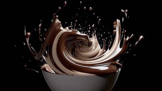 牛奶和巧克力的暴风雨旋转 3d 渲染创建旋转形成包括剪切路径