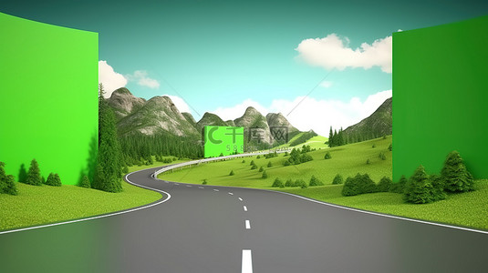 绿广告背景图片_绿屏背景上的弯曲高速公路和弯曲路 3D 旅游广告