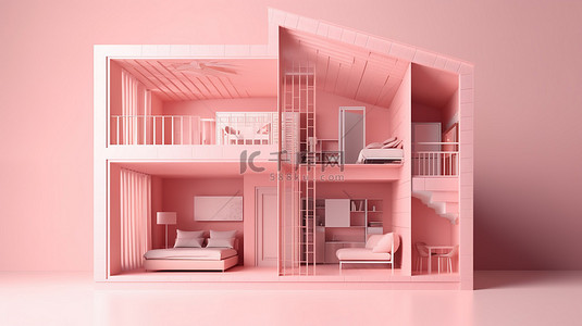 出租房屋背景图片_孤立的粉红色背景 3D 渲染空横截面房屋