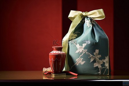 一个装有礼品袋的礼品架位于罐子旁边
