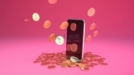 数字钱包背景图片_数字钱包智能手机 3d 渲染在充满活力的粉红色背景上转移硬币