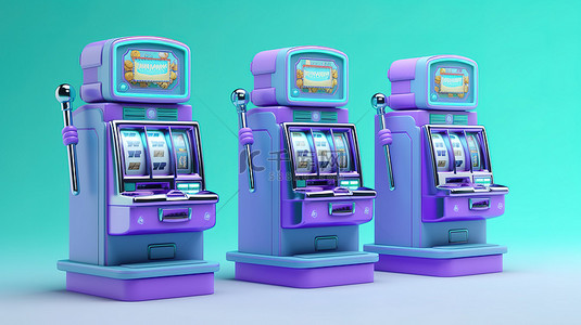 卡通老虎机背景图片_卡通风格在线赌场绿松石背景与丁香 3D 老虎机
