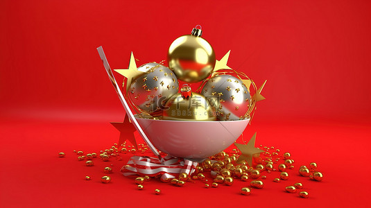 金色和银色圣诞装饰的 3D 插图，红色背景上有一颗星星，祝您新年快乐