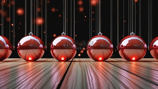 木制背景上红球和冰柱的令人惊叹的 3D 插图完美适合冬季节日庆祝活动，带有一丝优雅和奢华