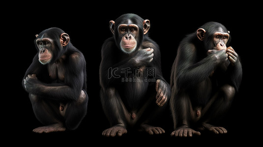 黑猩猩在 3d 中站立并在黑色背景下闭上眼睛