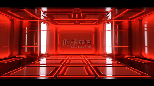 未来科幻房间中反光墙聚光灯和霓虹红空舞台的 3D 渲染