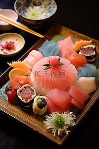 食品放桌上背景图片_木桌上放着一大盘寿司