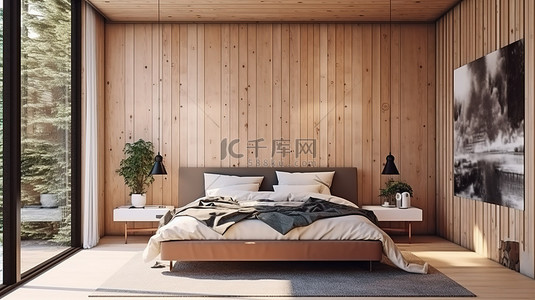 客房背景图片_现代卧室，宽敞的木窗拥有充足的日光 3D 渲染