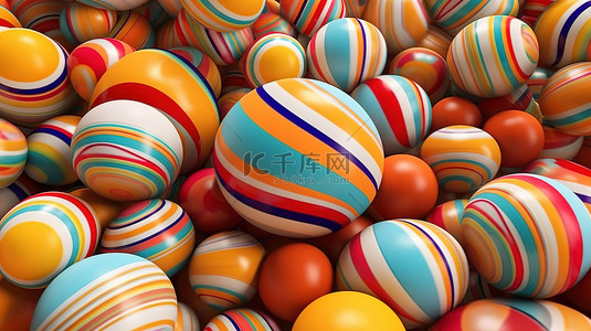 3D 渲染的彩色条纹球体的抽象插图