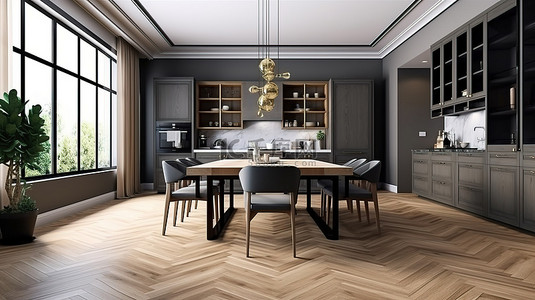 带木桌和时尚厨柜的豪华餐厅的 3d 渲染