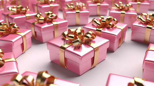 粉色礼品盒背景图片_白色背景上金色丝带装饰粉色礼品盒的 3D 渲染