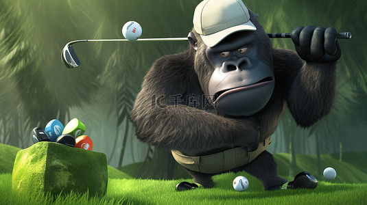 搞笑的 3D 大猩猩抓住高尔夫球