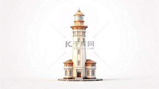 海洋灯塔航行背景图片_3D 渲染的纯白色背景上令人惊叹的粘土风格白色灯塔