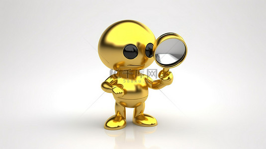拿奖背景图片_拿着放大镜的金奖获得者奖杯的白色背景吉祥物人物角色的 3D 渲染