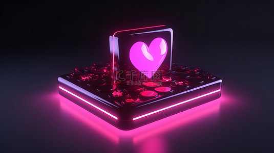 3D 渲染的心文本框，水平视图中带有粉红色的爱社交媒体图标