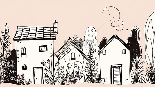卡通线条房子背景图片_卡通房子黑白线条插画
