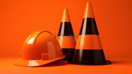 橙色背景与 3D 交通锥和安全头盔