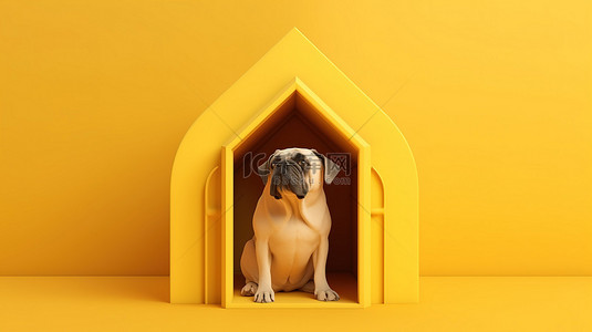 3d 模型狗屋展示在充满活力的黄色背景上