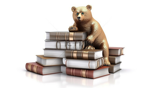 白色背景下的熊陷阱和一堆精装教科书的 3D 渲染