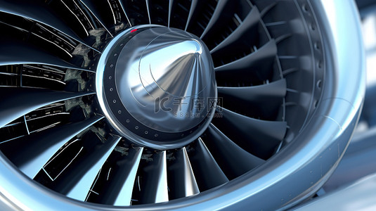 3D 渲染飞机进气口和风扇叶片的特写