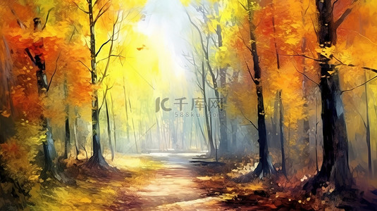 秋季红叶背景图片_抽象水彩画中秋季森林景观中路径的生动 3D 插图