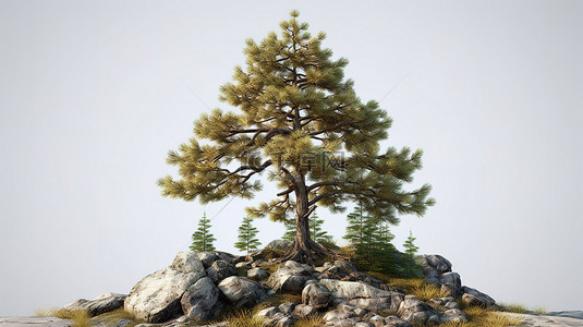 白色背景 3D 渲染一棵被石头包围的栩栩如生的松树