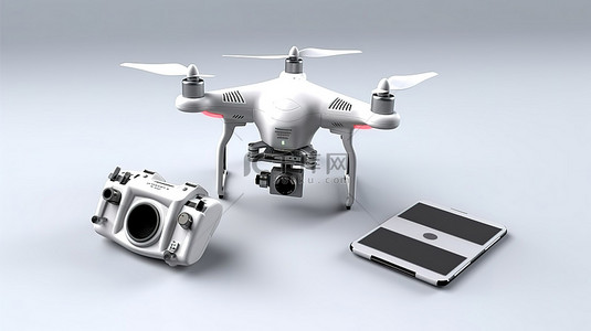 直升机背景图片_安装在白色四轴飞行器上的老式相机，白色背景 3D 渲染