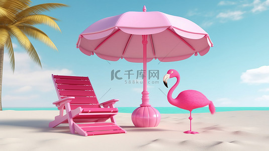 旅行粉色背景图片_充气粉色火烈鸟沙滩椅，带伞凉鞋和菠萝 3D 渲染场景