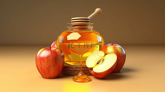 甜果实背景图片_蜂蜜和苹果的 3d 渲染