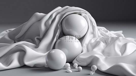 标题 1 奢华丝绸覆盖 3D 球体，带有一丝神秘感，由缎布隐藏的逼真球体，非常适合魔术或秘密礼物，诱人的纺织窗帘在灰色背景上优雅地飘逸