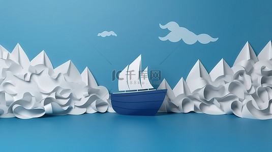 纸船背景图片_海洋梦境，纸船和波浪在蓝色海洋中的 3d