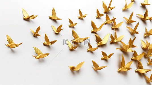 金色的鸟背景图片_白色背景下金墙装饰中飞鸟的 3d 插图