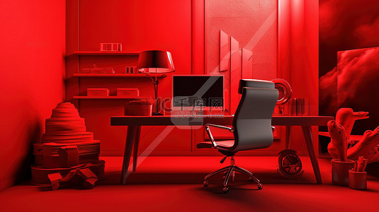 办公空间的单色红色 3D 图标，红色背景上配有电脑桌和椅子