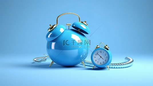 蓝色闹钟的超现实主义描绘位于充气球上，并配有耳机 3D 渲染