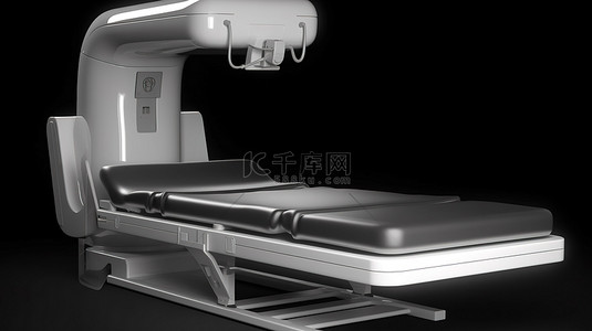 3D 渲染 C 臂扫描机旁边的空医院床