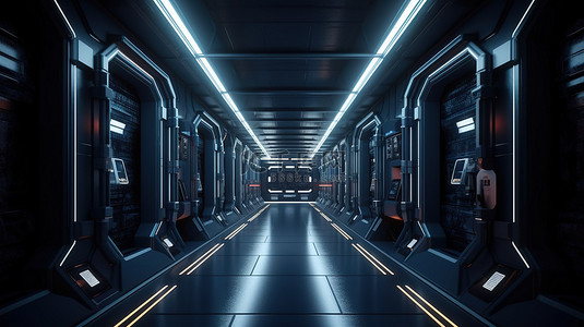 蓝色科技地球背景背景图片_科幻实验室走廊的未来派 3D 渲染