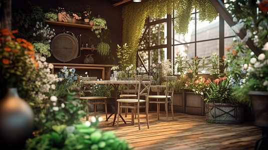 舒适的咖啡馆或花店中郁郁葱葱的花园的 3D 插图