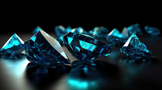装饰着蓝色钻石的黑色背景的 3D 插图