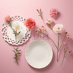 花背景图片_粉红色背景上盘子里的花朵