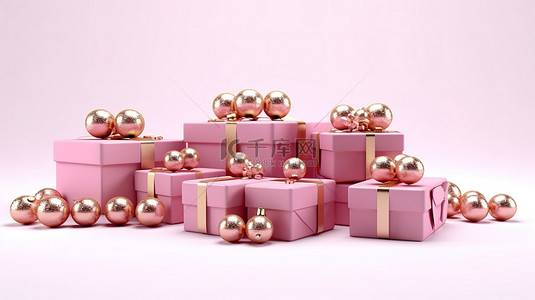 金色丝带和小玩意装饰着粉色礼品盒，在 3D 数字渲染的白色背景下