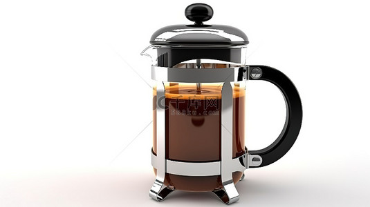 白色背景下法式咖啡和茶壶的 3D 渲染