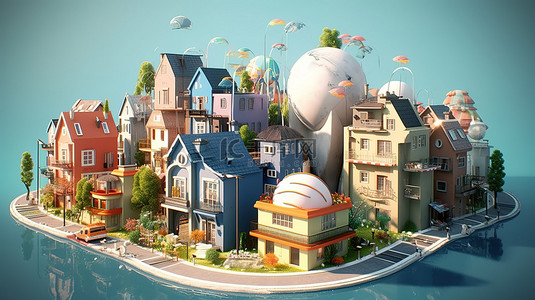 平面效果图背景图片_地上住宅卡通概念 3D 效果图