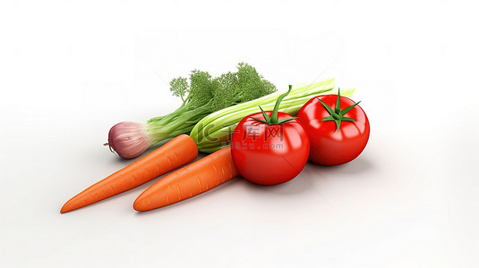 胡萝卜西红柿蔬菜背景图片_番茄胡萝卜和柠檬蔬菜的 3d 图标，白色背景，平坦的红色