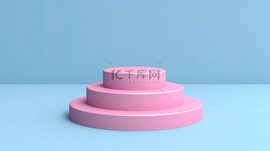 蓝色背景的 3D 渲染，带有空的柔和粉红色台阶圆柱体