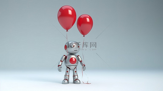 机器人伴侣手握红色气球，拥抱友好的技术理念