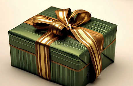 带有棕色和金色条纹丝带的绿色礼品盒