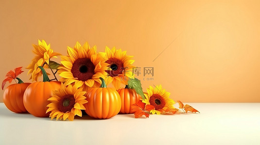 向日葵和叶子背景图片_秋季向日葵和南瓜 3D 渲染与空白空间背景