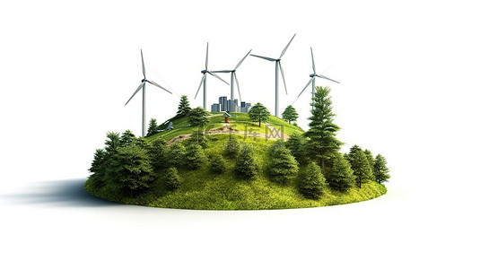 生态山景背景图片_孤立生态景观的 3D 插图，山涡轮机和可再生能源驱动的树木