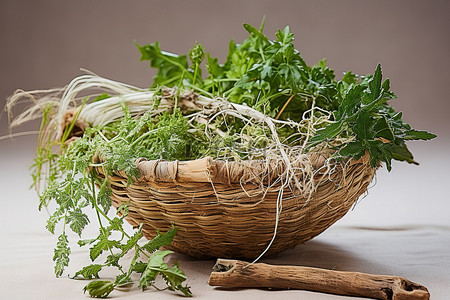 蔬菜农产品背景图片_一个装有各种新鲜香草的木制赤土碗
