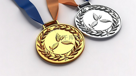 金徽章和絲帶背景图片_白色背景上饰有月桂花环的金牌和银牌的 3D 渲染
